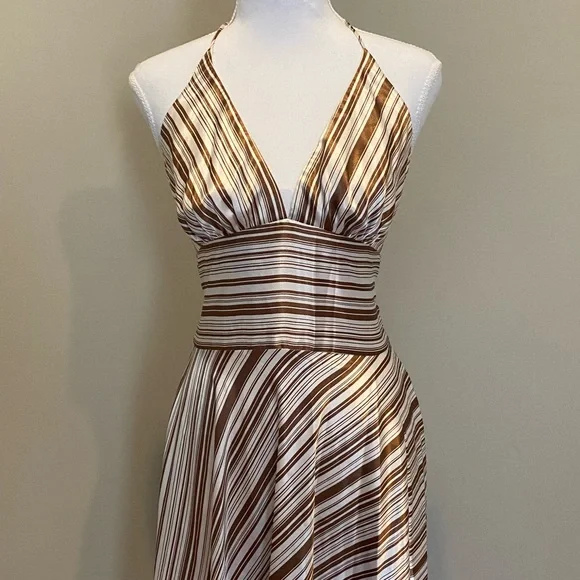 Satin-Like, Brown and White Striped Dress with Halter Top - Picture 2 of 8